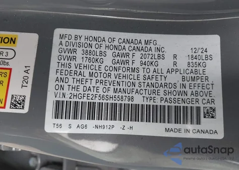 2025 Honda Civic Sport из США, поврежденный, VIN 2HGFE2F56SH558798